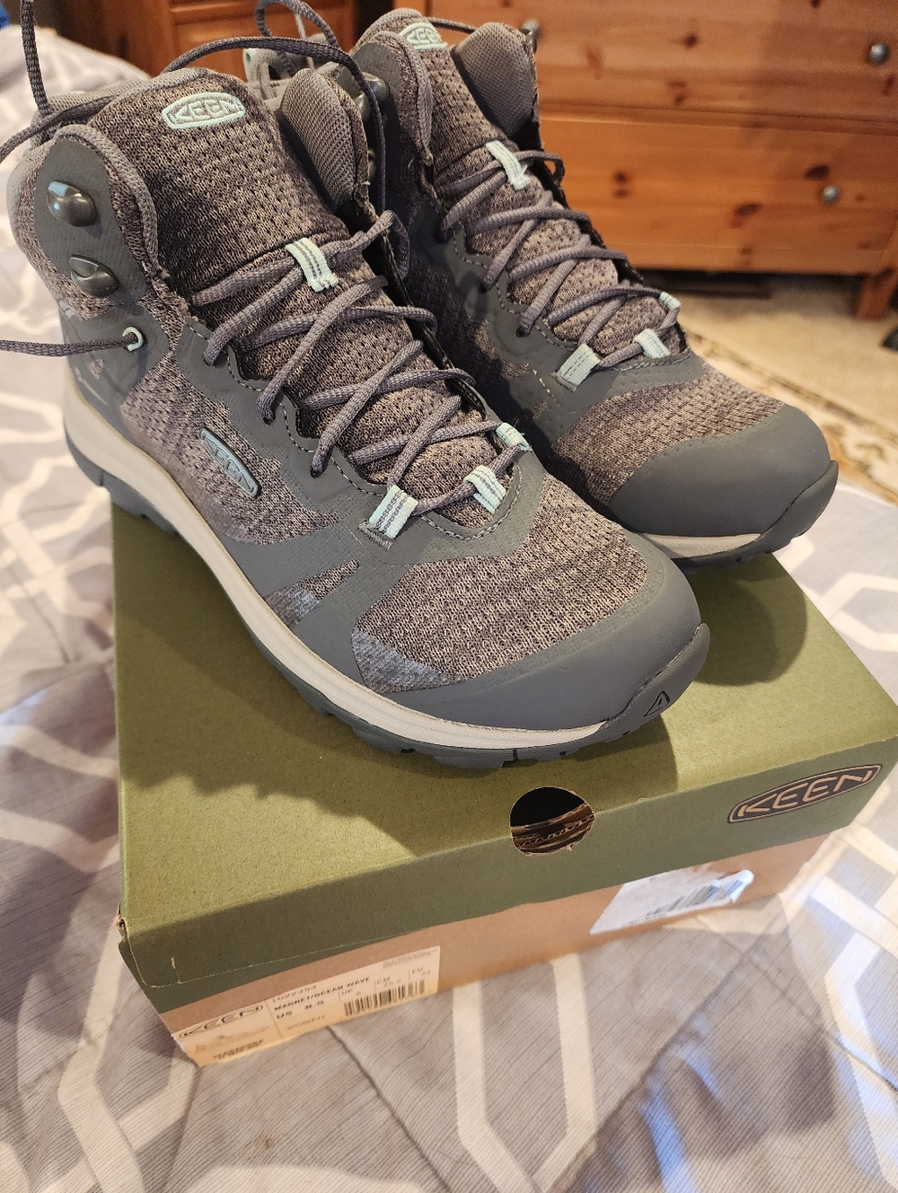 New Women Keen Waterproof Hiking Boots Shoes 8.5 Grey Ocean Wave Terradora Box
